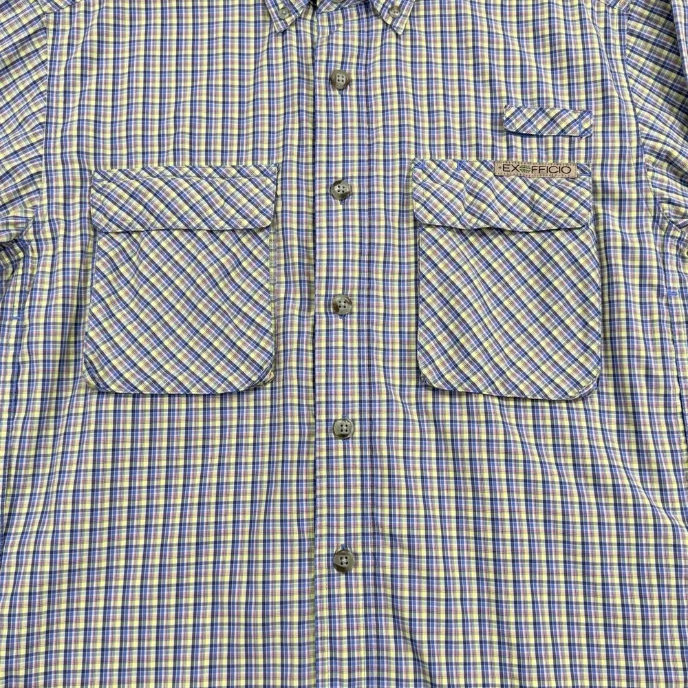 ExOfficio Shirt Mens Medium Blue Plaid Vented Back Fishing Button Up Travel